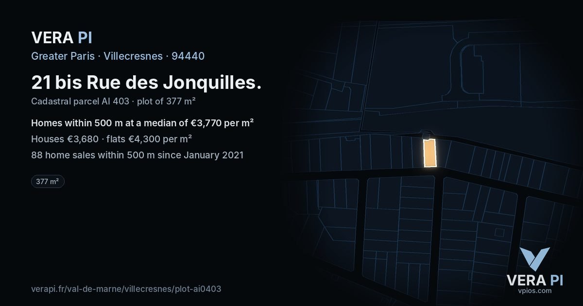 21 bis Rue des Jonquilles, Villecresnes at night – the plot lit, the parcels around coloured by the prices near them