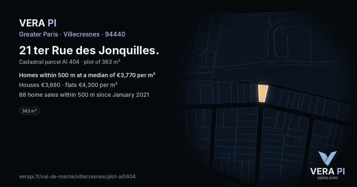 21 ter Rue des Jonquilles, Villecresnes at night – the plot lit, the parcels around coloured by the prices near them
