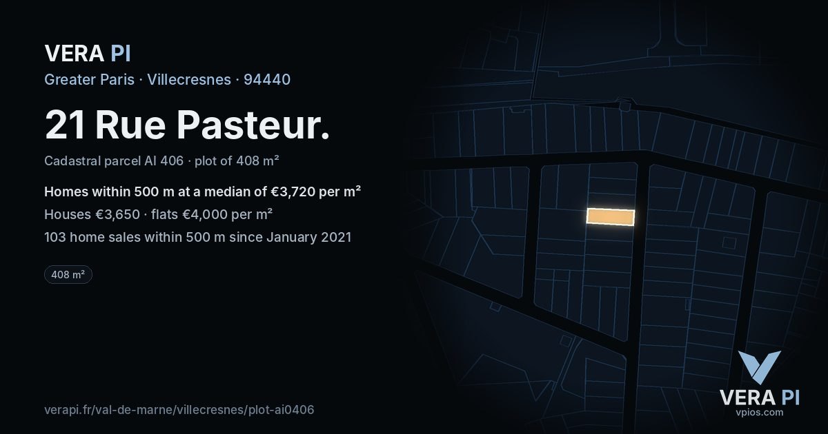 21 Rue Pasteur, Villecresnes at night – the plot lit, the parcels around coloured by the prices near them