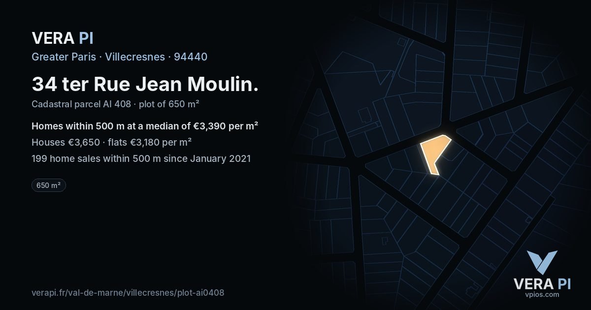 34 ter Rue Jean Moulin, Villecresnes at night – the plot lit, the parcels around coloured by the prices near them