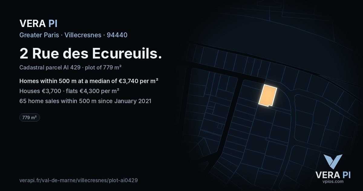 2 Rue des Ecureuils, Villecresnes at night – the plot lit, the parcels around coloured by the prices near them