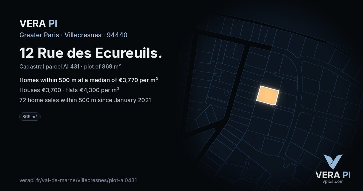 12 Rue des Ecureuils, Villecresnes at night – the plot lit, the parcels around coloured by the prices near them