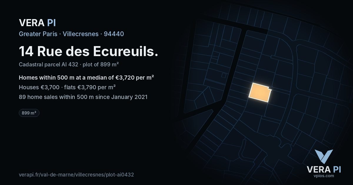 14 Rue des Ecureuils, Villecresnes at night – the plot lit, the parcels around coloured by the prices near them