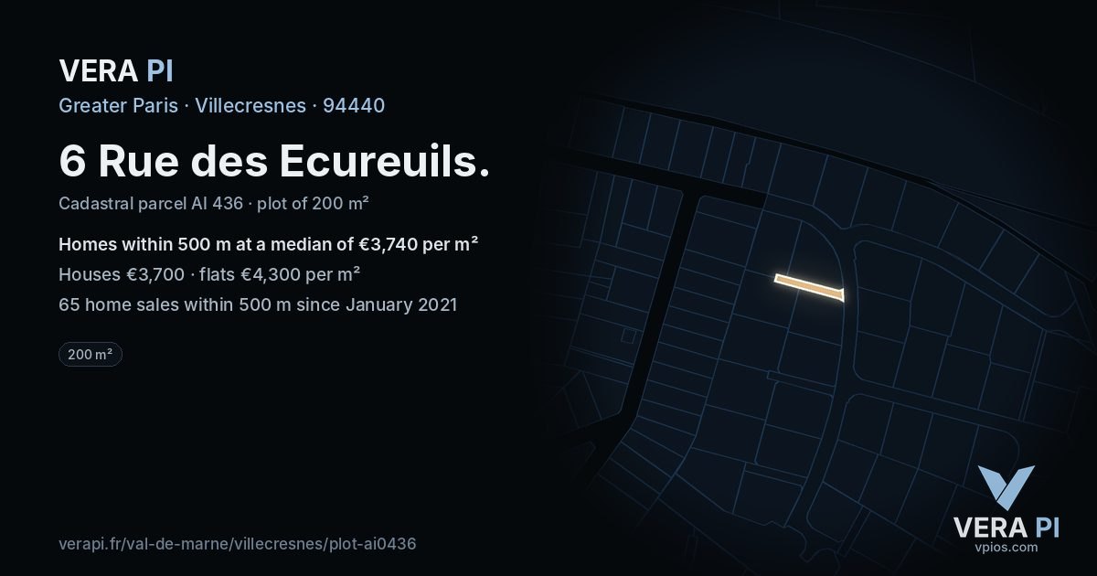 6 Rue des Ecureuils, Villecresnes at night – the plot lit, the parcels around coloured by the prices near them