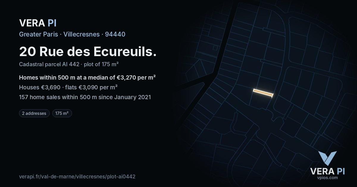 20 Rue des Ecureuils, Villecresnes at night – the plot lit, the parcels around coloured by the prices near them
