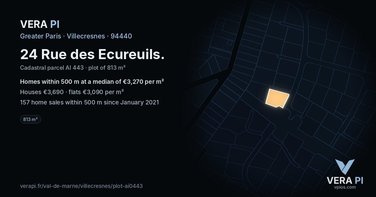 24 Rue des Ecureuils, Villecresnes at night – the plot lit, the parcels around coloured by the prices near them