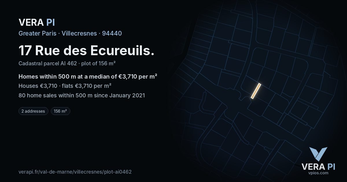 17 Rue des Ecureuils, Villecresnes at night – the plot lit, the parcels around coloured by the prices near them