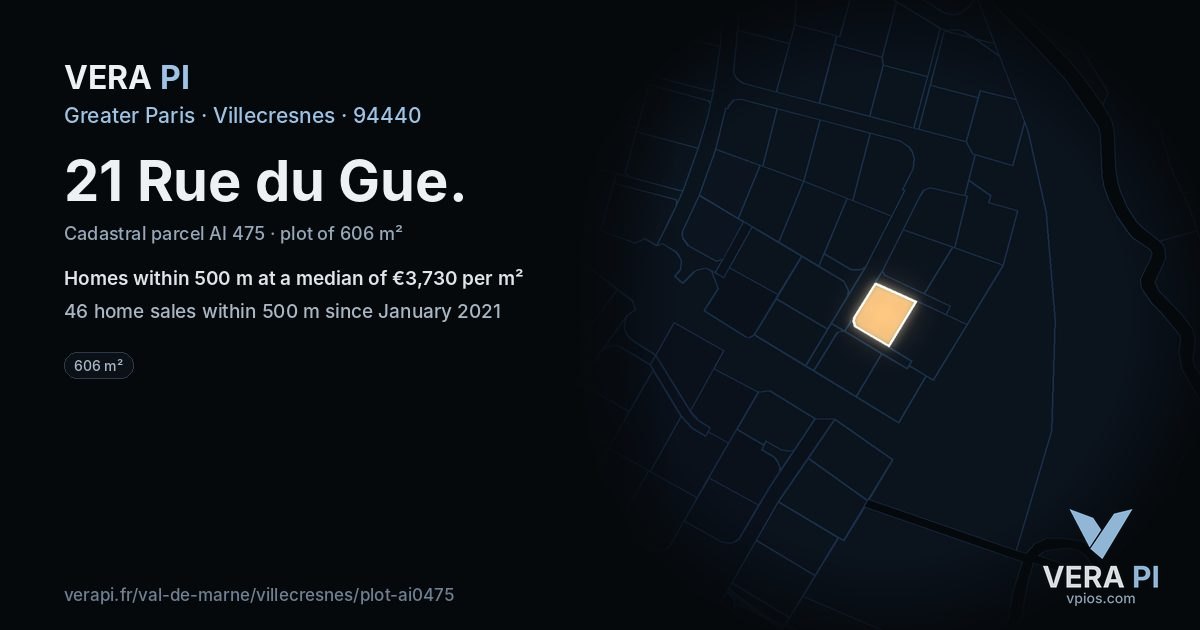 21 Rue du Gue, Villecresnes at night – the plot lit, the parcels around coloured by the prices near them