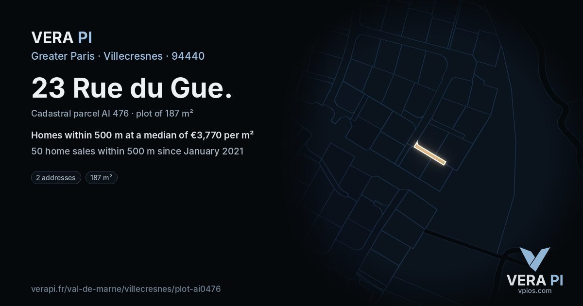 23 Rue du Gue, Villecresnes at night – the plot lit, the parcels around coloured by the prices near them