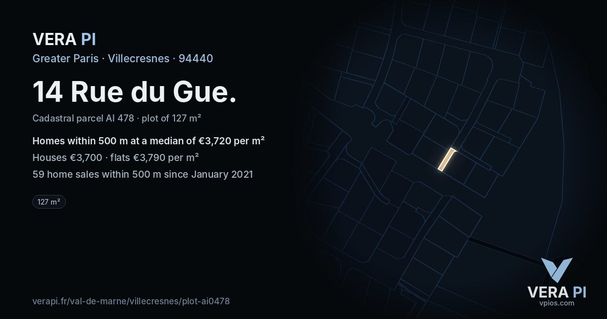 14 Rue du Gue, Villecresnes at night – the plot lit, the parcels around coloured by the prices near them