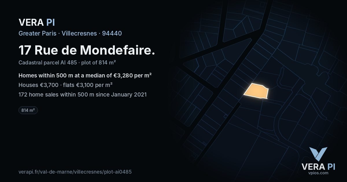17 Rue de Mondefaire, Villecresnes at night – the plot lit, the parcels around coloured by the prices near them
