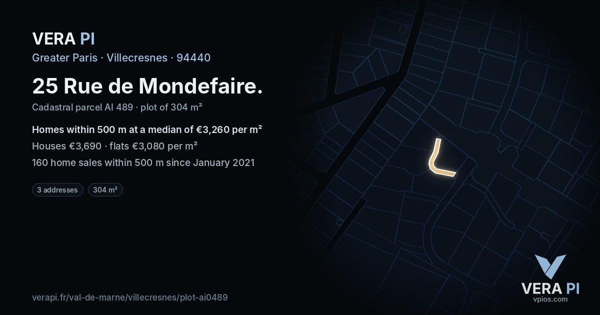 25 Rue de Mondefaire, Villecresnes at night – the plot lit, the parcels around coloured by the prices near them