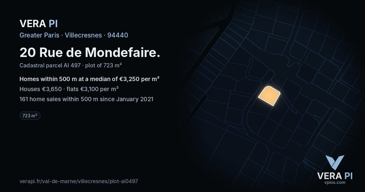 20 Rue de Mondefaire, Villecresnes at night – the plot lit, the parcels around coloured by the prices near them