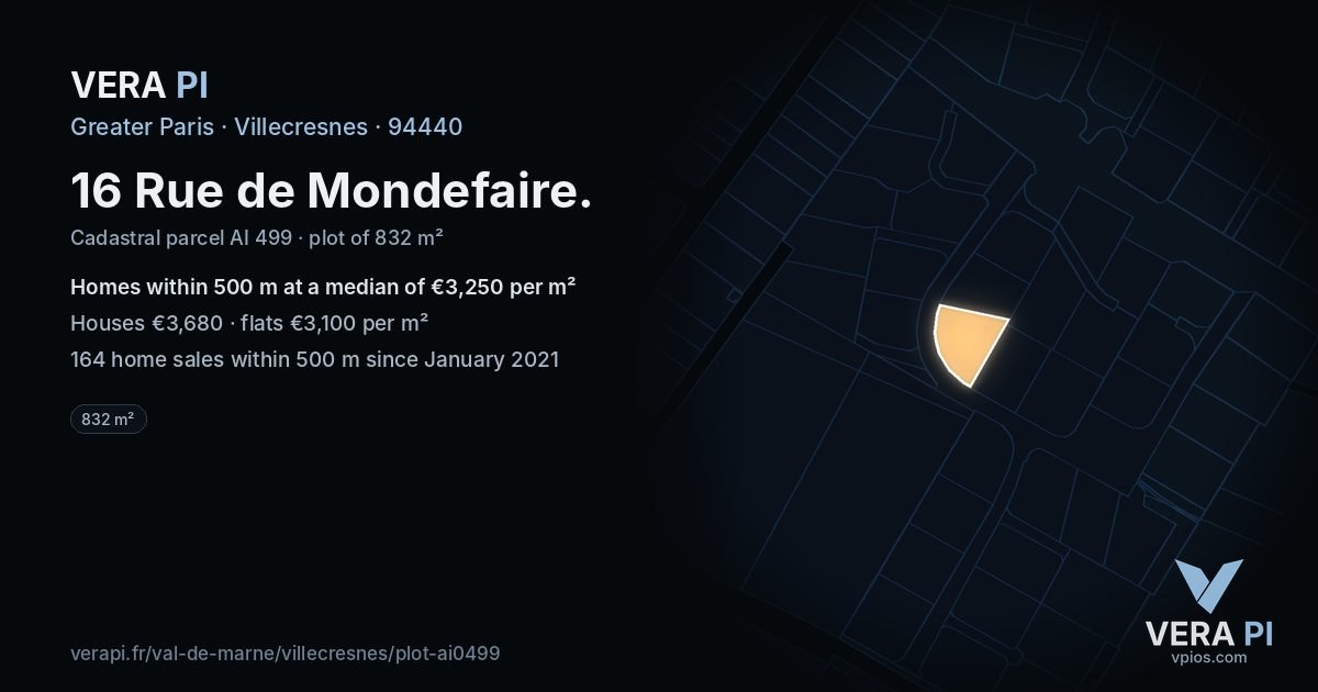16 Rue de Mondefaire, Villecresnes at night – the plot lit, the parcels around coloured by the prices near them