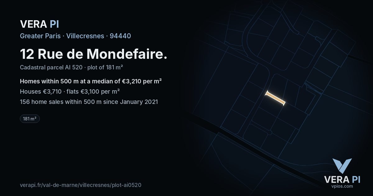 12 Rue de Mondefaire, Villecresnes at night – the plot lit, the parcels around coloured by the prices near them