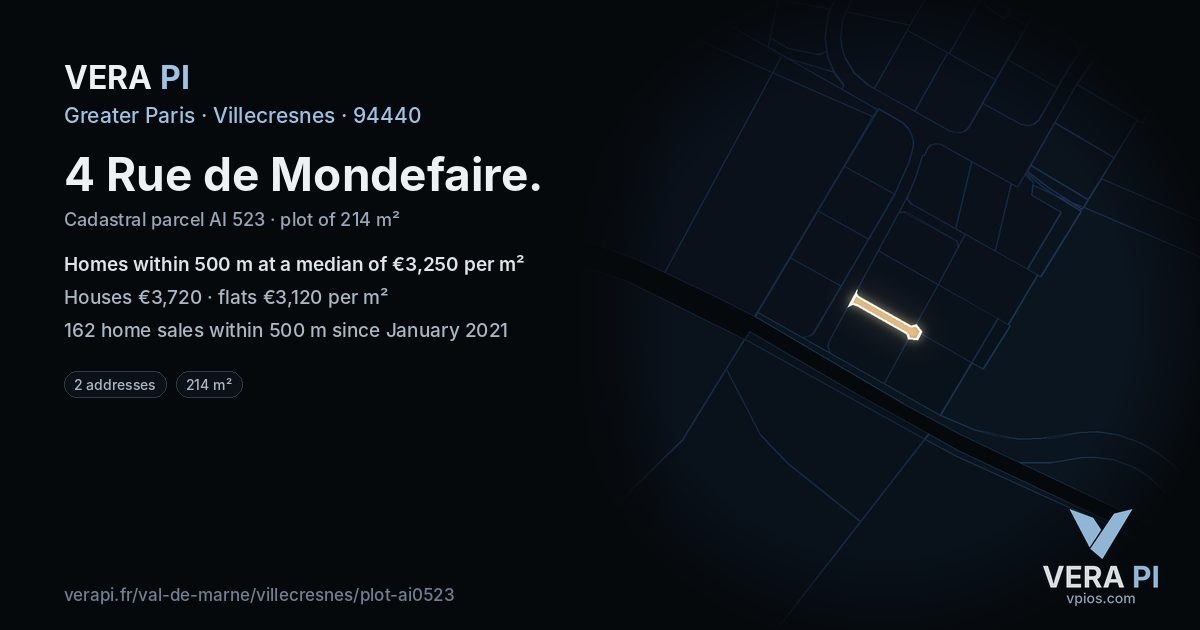 4 Rue de Mondefaire, Villecresnes at night – the plot lit, the parcels around coloured by the prices near them