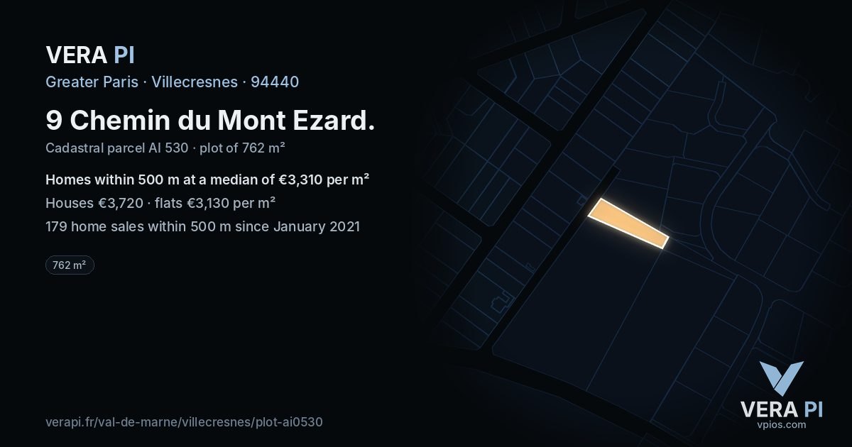 9 Chemin du Mont Ezard, Villecresnes at night – the plot lit, the parcels around coloured by the prices near them