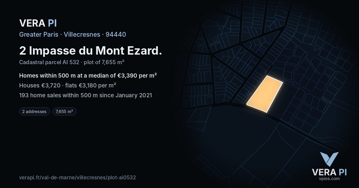 2 Impasse du Mont Ezard, Villecresnes at night – the plot lit, the parcels around coloured by the prices near them