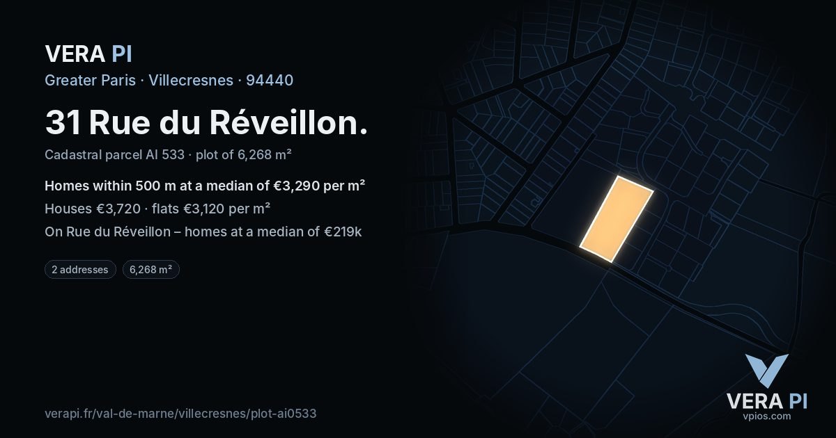 31 Rue du Réveillon, Villecresnes at night – the plot lit, the parcels around coloured by the prices near them