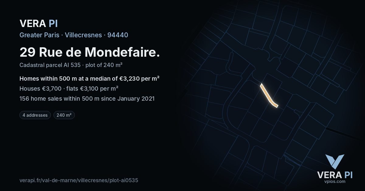 29 Rue de Mondefaire, Villecresnes at night – the plot lit, the parcels around coloured by the prices near them