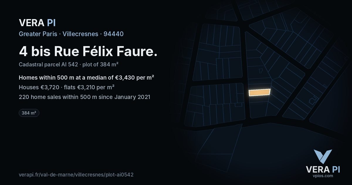 4 bis Rue Félix Faure, Villecresnes at night – the plot lit, the parcels around coloured by the prices near them