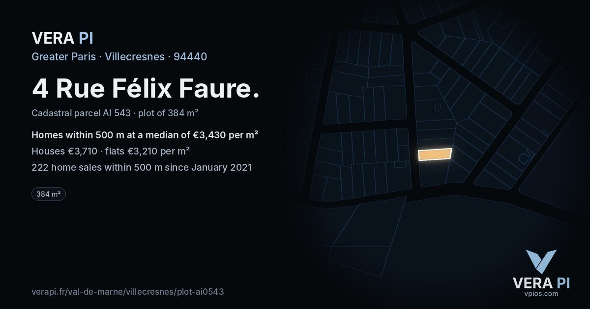 4 Rue Félix Faure, Villecresnes at night – the plot lit, the parcels around coloured by the prices near them