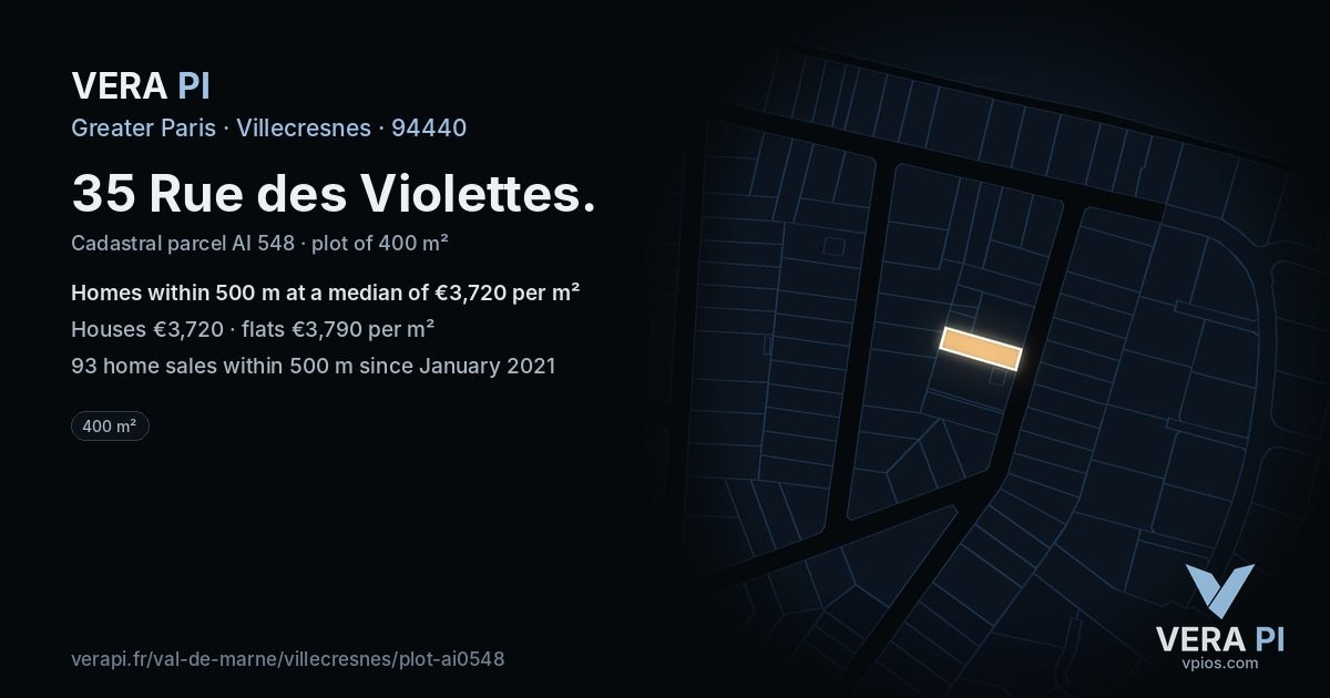 35 Rue des Violettes, Villecresnes at night – the plot lit, the parcels around coloured by the prices near them