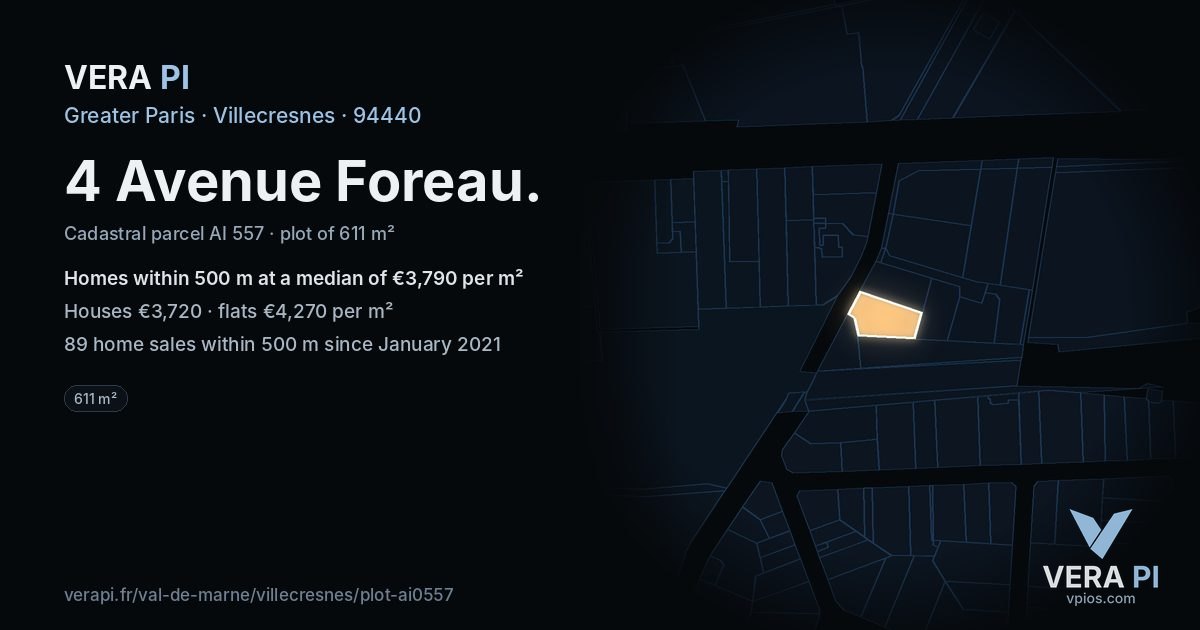 4 Avenue Foreau, Villecresnes at night – the plot lit, the parcels around coloured by the prices near them