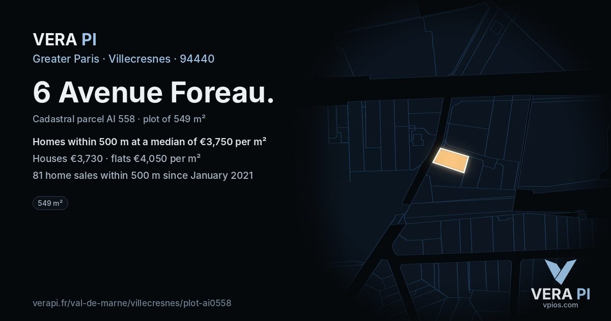 6 Avenue Foreau, Villecresnes at night – the plot lit, the parcels around coloured by the prices near them