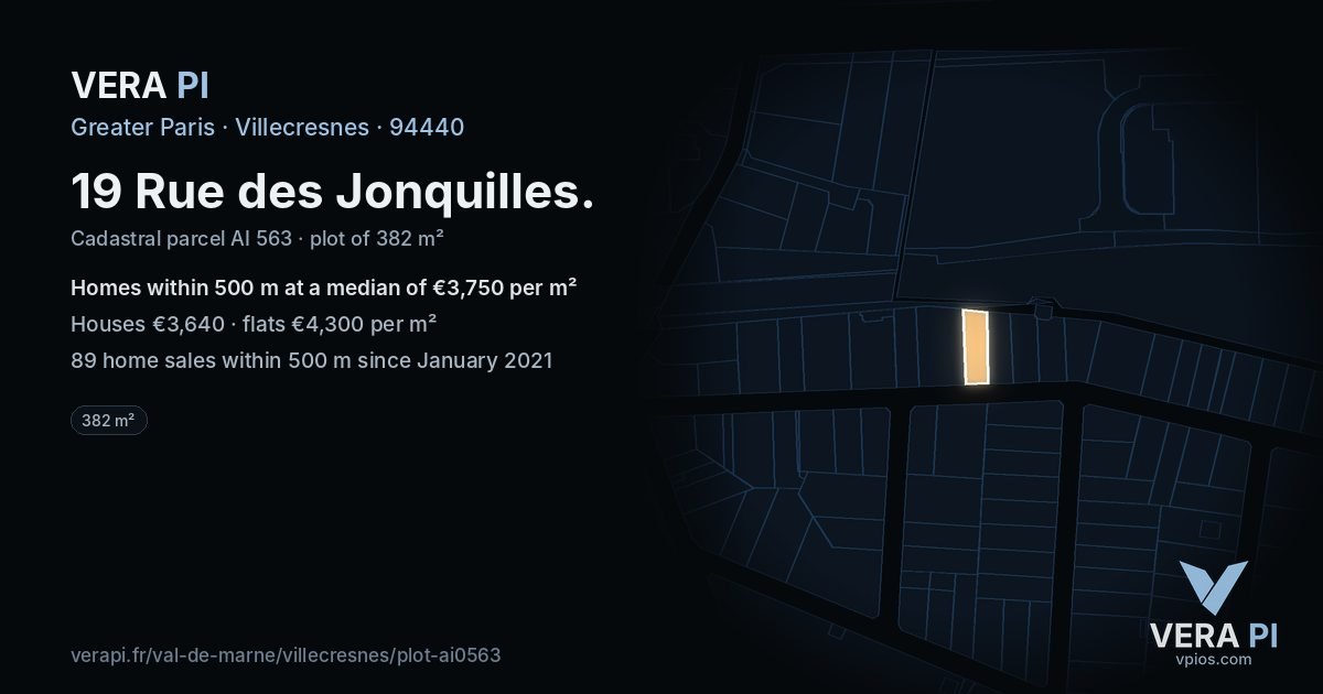 19 Rue des Jonquilles, Villecresnes at night – the plot lit, the parcels around coloured by the prices near them