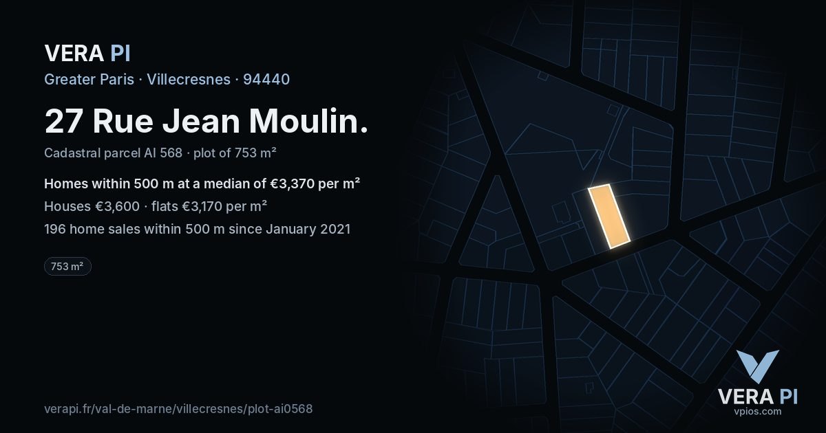 27 Rue Jean Moulin, Villecresnes at night – the plot lit, the parcels around coloured by the prices near them