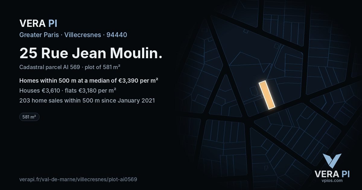 25 Rue Jean Moulin, Villecresnes at night – the plot lit, the parcels around coloured by the prices near them