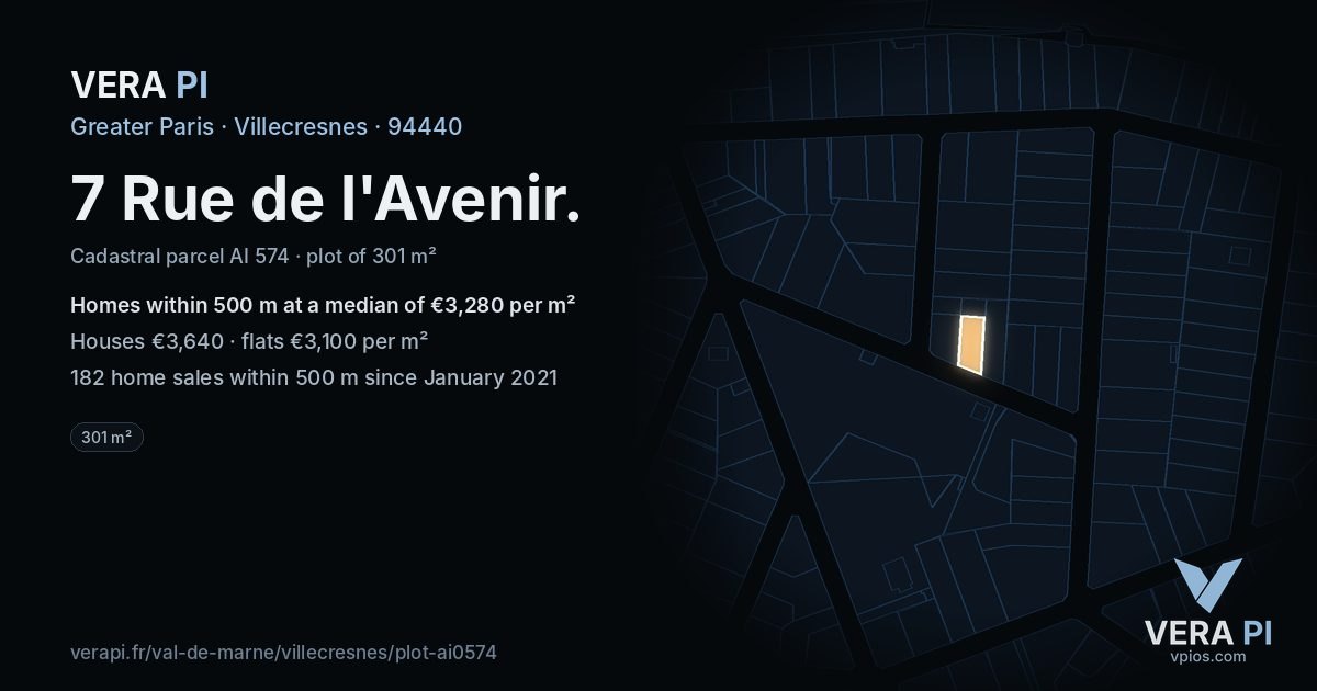 7 Rue de l'Avenir, Villecresnes at night – the plot lit, the parcels around coloured by the prices near them