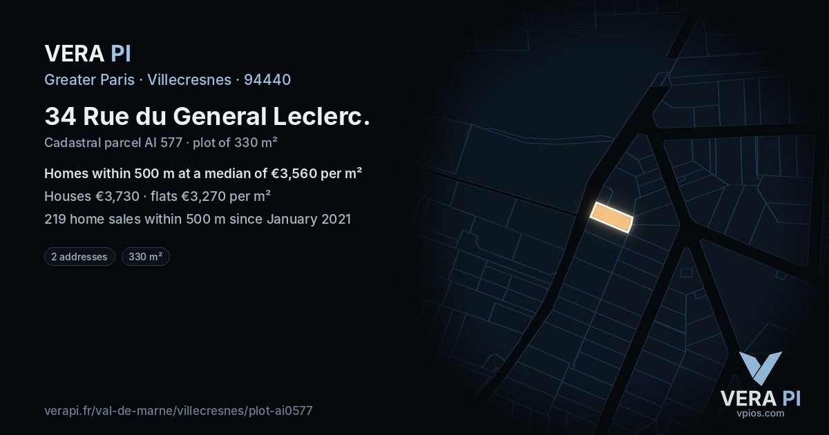 34 Rue du General Leclerc, Villecresnes at night – the plot lit, the parcels around coloured by the prices near them