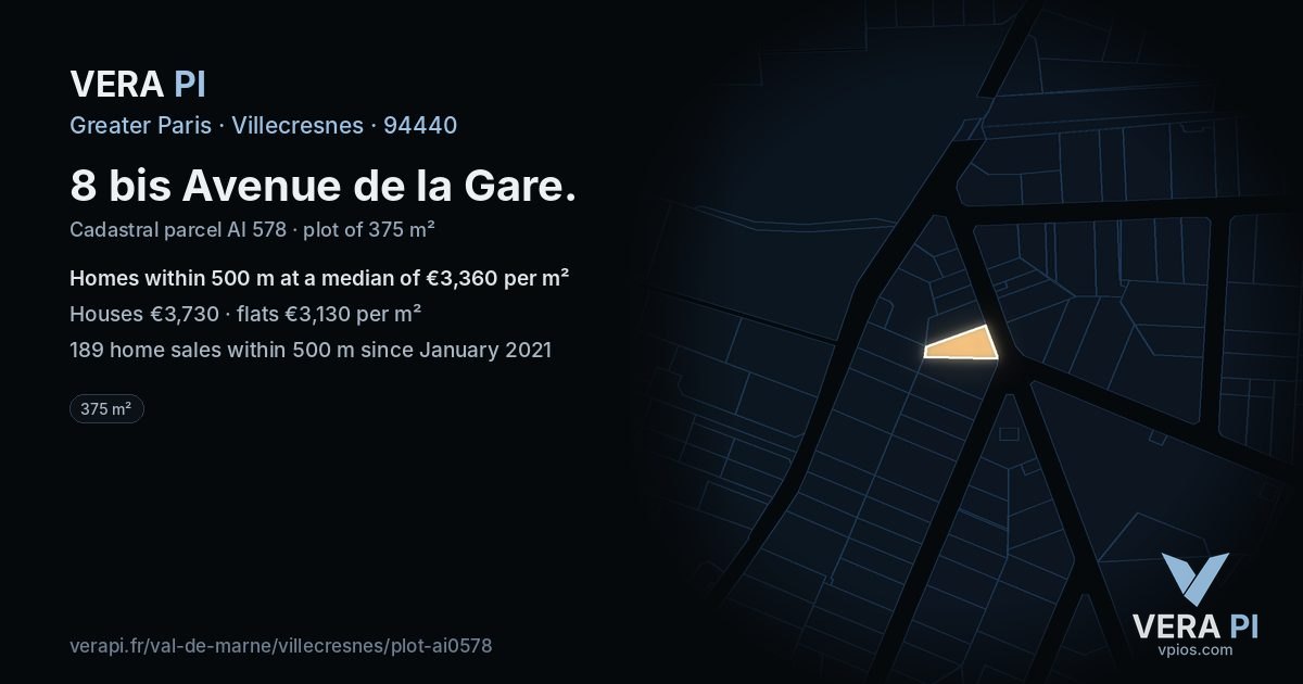 8 bis Avenue de la Gare, Villecresnes at night – the plot lit, the parcels around coloured by the prices near them