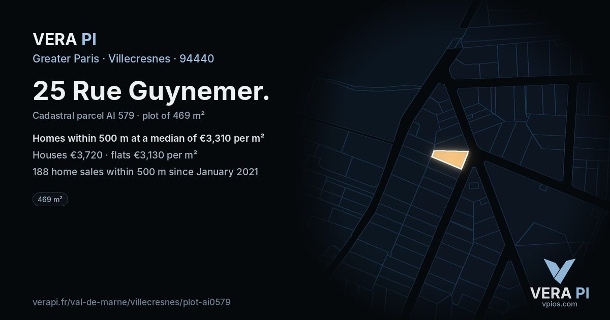 25 Rue Guynemer, Villecresnes at night – the plot lit, the parcels around coloured by the prices near them