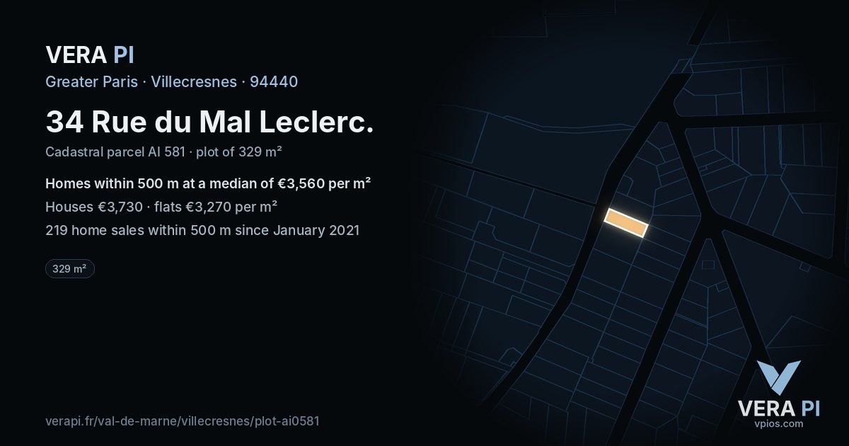34 Rue du Mal Leclerc, Villecresnes at night – the plot lit, the parcels around coloured by the prices near them