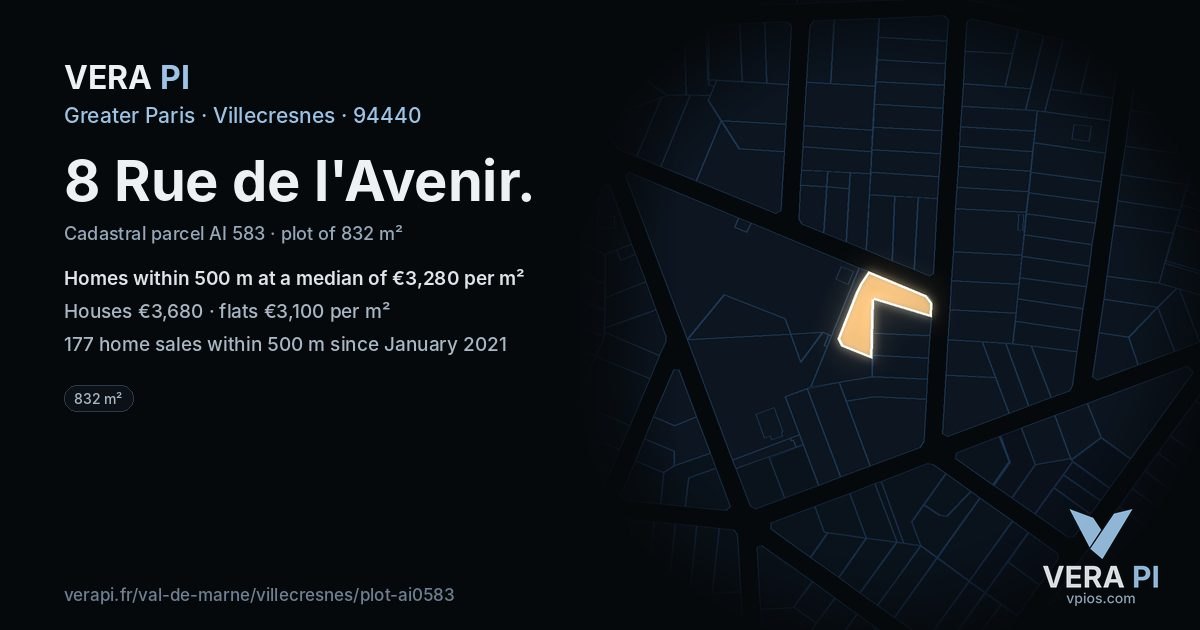 8 Rue de l'Avenir, Villecresnes at night – the plot lit, the parcels around coloured by the prices near them