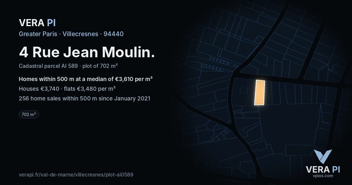 4 Rue Jean Moulin, Villecresnes at night – the plot lit, the parcels around coloured by the prices near them