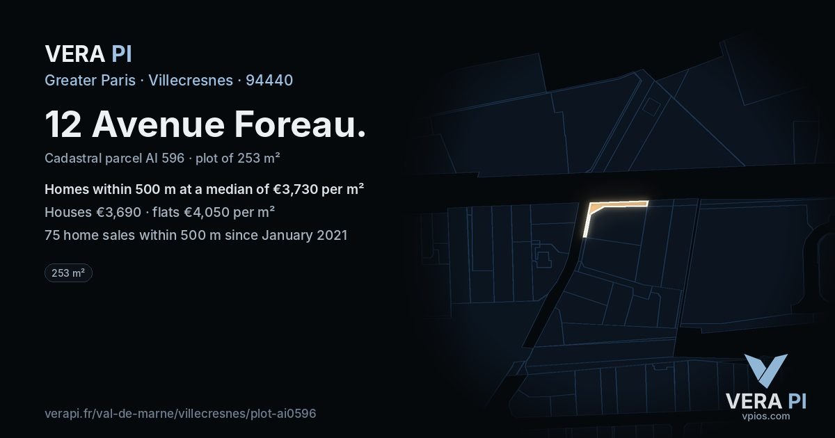 12 Avenue Foreau, Villecresnes at night – the plot lit, the parcels around coloured by the prices near them