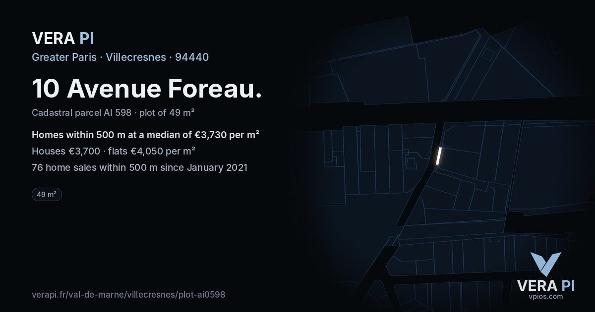 10 Avenue Foreau, Villecresnes at night – the plot lit, the parcels around coloured by the prices near them