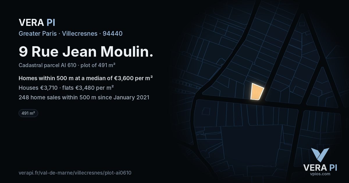9 Rue Jean Moulin, Villecresnes at night – the plot lit, the parcels around coloured by the prices near them