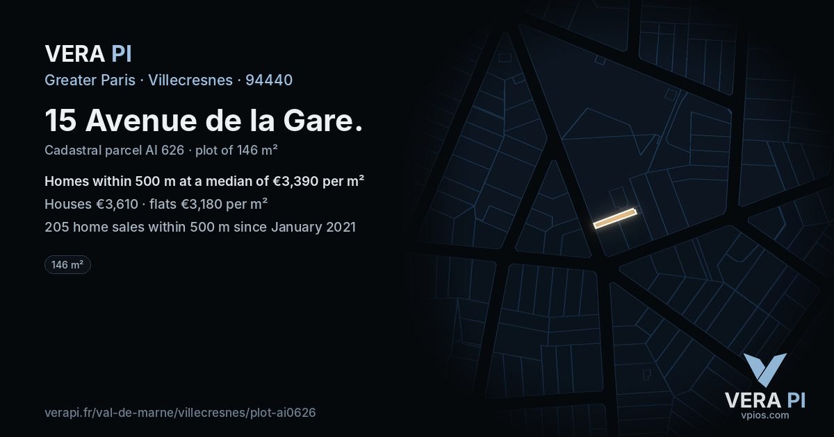 15 Avenue de la Gare, Villecresnes at night – the plot lit, the parcels around coloured by the prices near them
