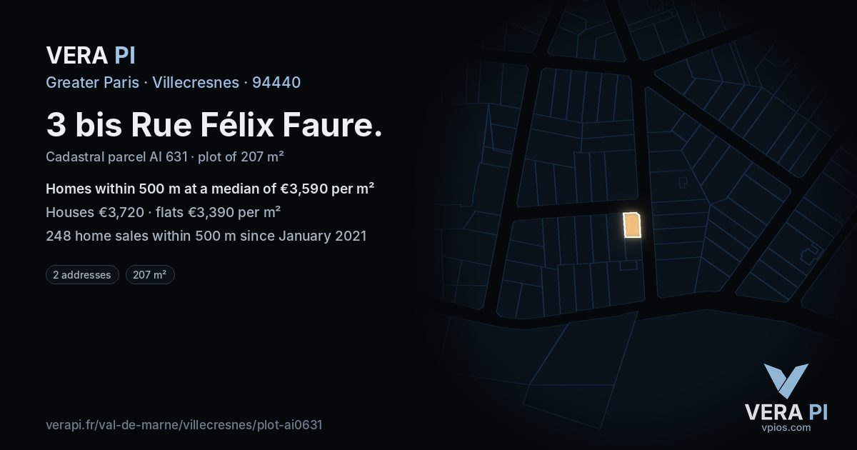 3 bis Rue Félix Faure, Villecresnes at night – the plot lit, the parcels around coloured by the prices near them