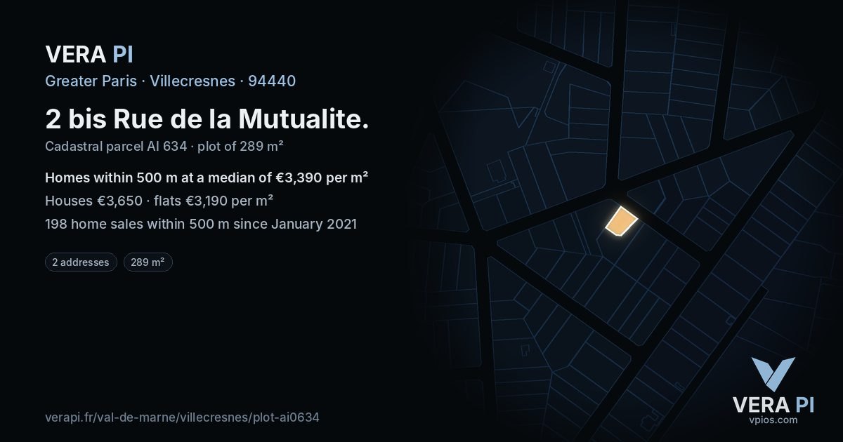 2 bis Rue de la Mutualite, Villecresnes at night – the plot lit, the parcels around coloured by the prices near them