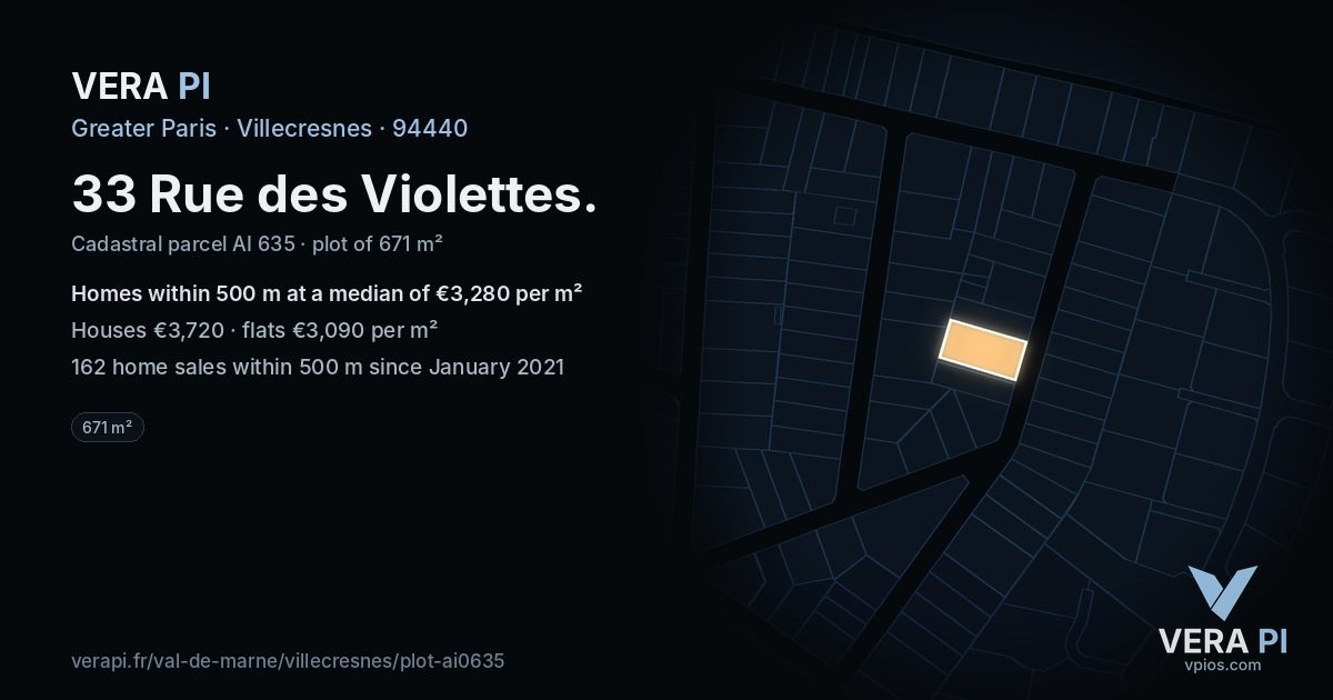 33 Rue des Violettes, Villecresnes at night – the plot lit, the parcels around coloured by the prices near them