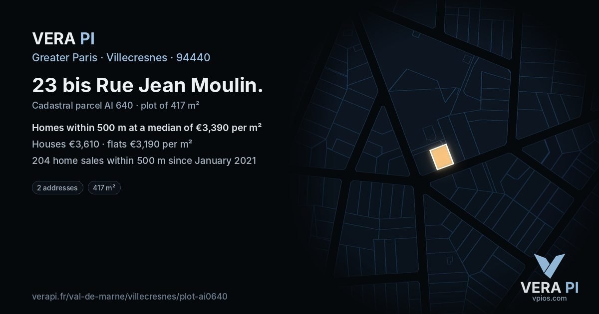 23 bis Rue Jean Moulin, Villecresnes at night – the plot lit, the parcels around coloured by the prices near them