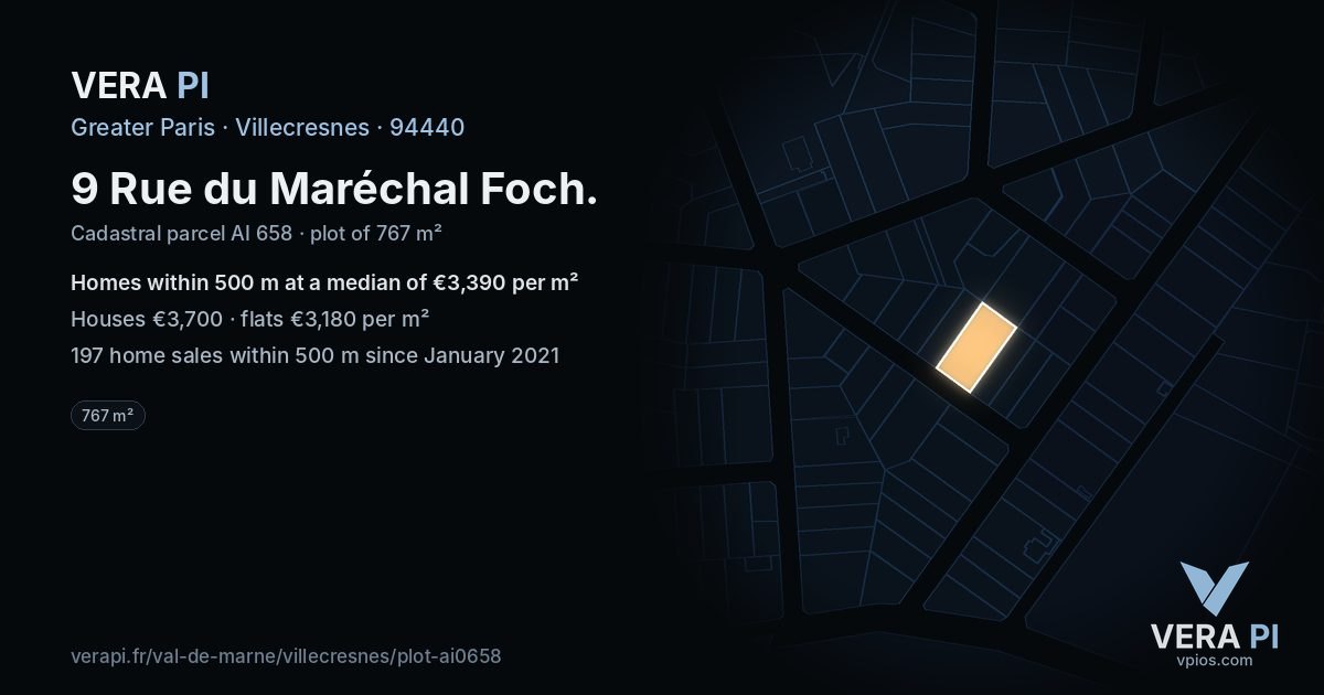 9 Rue du Maréchal Foch, Villecresnes at night – the plot lit, the parcels around coloured by the prices near them