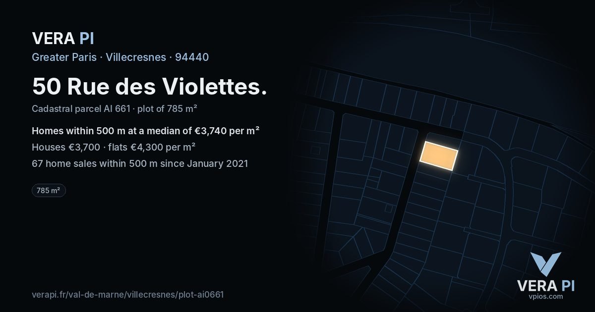 50 Rue des Violettes, Villecresnes at night – the plot lit, the parcels around coloured by the prices near them