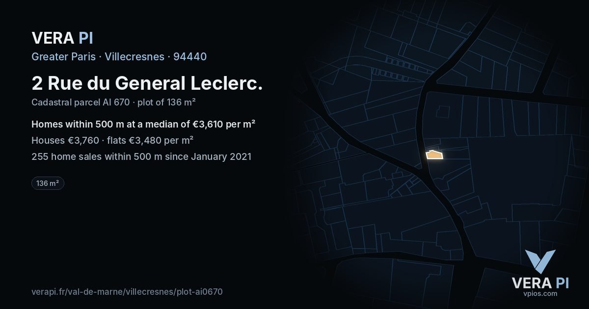2 Rue du General Leclerc, Villecresnes at night – the plot lit, the parcels around coloured by the prices near them